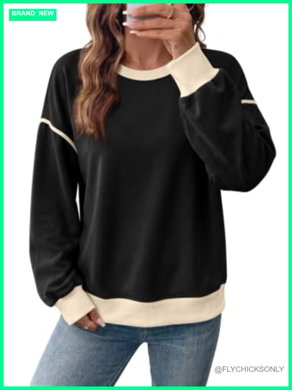 Lightweight Crewneck Contrast Trim Pullover Sweatshirt Casual Loose Fit